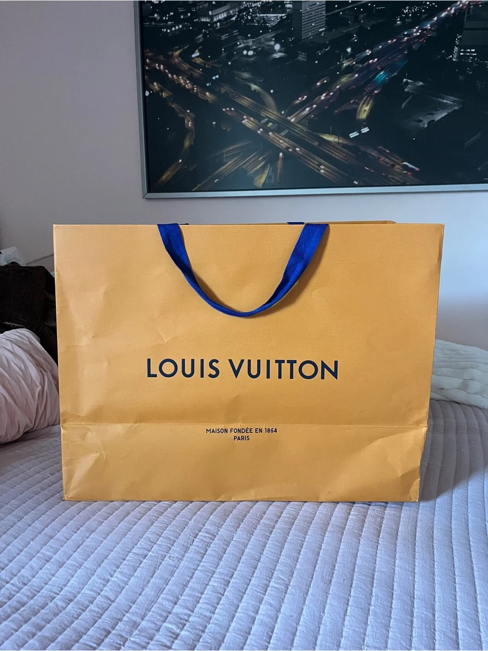Louis Vuitton Orange Shopping Tote with Blue Handles